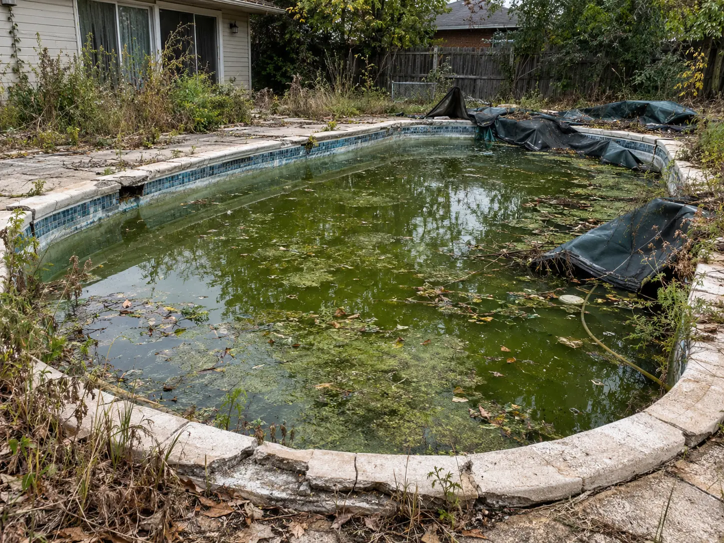 Abandoned green algae-filled pool creating a code violation risk in Bucks County Pennsylvania